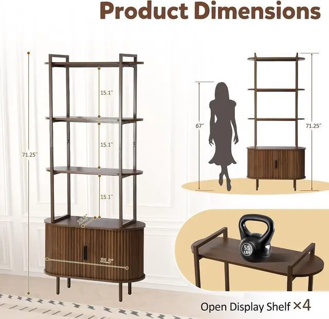 Alt view image 2 of 7 - Bookshelf, 71" Tall Bookcase w/Storage Cabinet, Book Shelves Stand w/Fluted Sliding Doors, 4-Tier Open Display Shelf Organizer for Bedroom Living Room Home Office Bathroom (Brown)