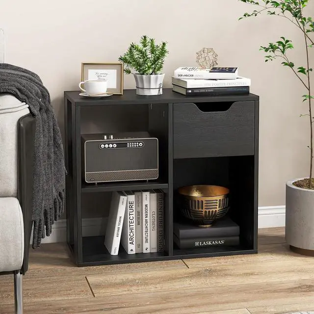 Alt view image 6 of 7 - Cube Bookcase, Small Bookshelf with Drawer, 2-Tier Open Shelves, Modern Display Shelf, 21" H Wooden Floor Toy Storage Organizer for Bedroom, Living Room, Playroom, Office (2, Black)