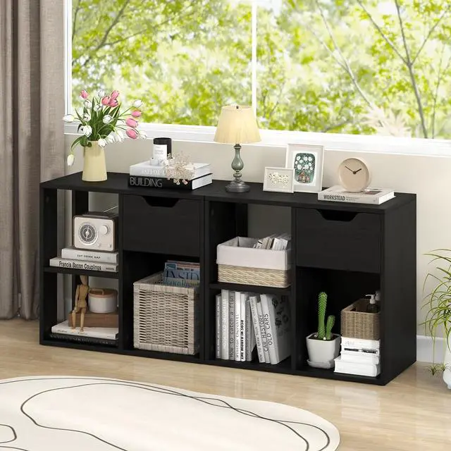 Main image of Cube Bookcase, Small Bookshelf with Drawer, 2-Tier Open Shelves, Modern Display Shelf, 21" H Wooden Floor Toy Storage Organizer for Bedroom, Living Room, Playroom, Office (2, Black)