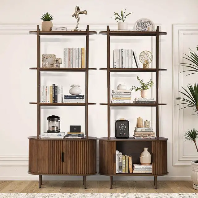 Alt view image 6 of 7 - Bookshelf, 71" Tall Bookcase w/Storage Cabinet, Book Shelves Stand w/Fluted Sliding Doors, 4-Tier Open Display Shelf Organizer for Bedroom Living Room Home Office Bathroom (Brown)