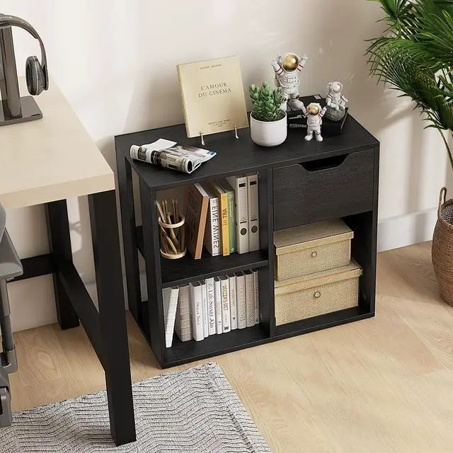 Alt view image 7 of 7 - Cube Bookcase, Small Bookshelf with Drawer, 2-Tier Open Shelves, Modern Display Shelf, 21" H Wooden Floor Toy Storage Organizer for Bedroom, Living Room, Playroom, Office (2, Black)