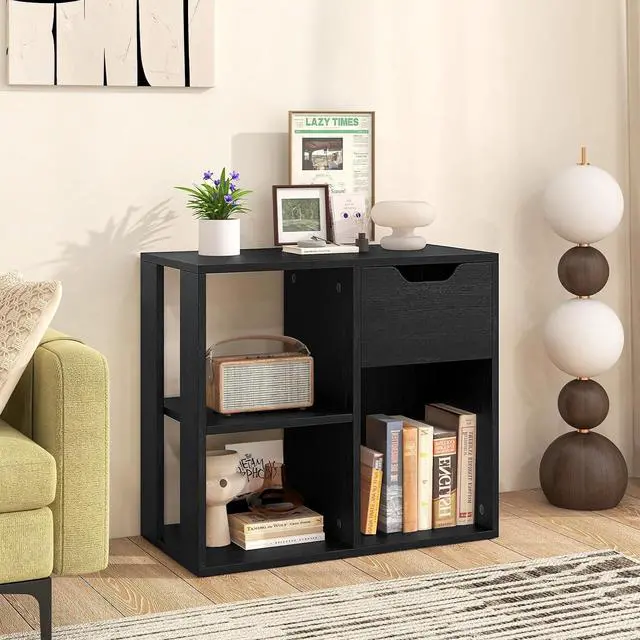 Main image of Cube Bookcase, Small Bookshelf with Drawer, 2-Tier Open Shelves, Modern Display Shelf, 21" H Wooden Floor Toy Storage Organizer for Bedroom, Living Room, Playroom, Office (1, Black)