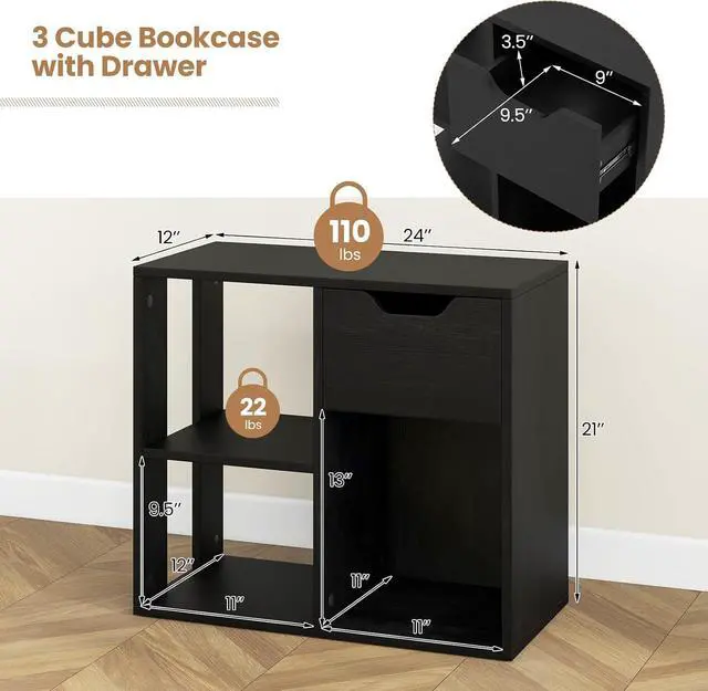 Alt view image 2 of 7 - Cube Bookcase, Small Bookshelf with Drawer, 2-Tier Open Shelves, Modern Display Shelf, 21" H Wooden Floor Toy Storage Organizer for Bedroom, Living Room, Playroom, Office (2, Black)