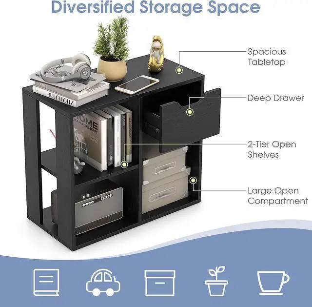 Alt view image 3 of 7 - Cube Bookcase, Small Bookshelf with Drawer, 2-Tier Open Shelves, Modern Display Shelf, 21" H Wooden Floor Toy Storage Organizer for Bedroom, Living Room, Playroom, Office (2, Black)