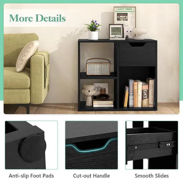 Alt view image 5 of 7 - Cube Bookcase, Small Bookshelf with Drawer, 2-Tier Open Shelves, Modern Display Shelf, 21" H Wooden Floor Toy Storage Organizer for Bedroom, Living Room, Playroom, Office (2, Black)