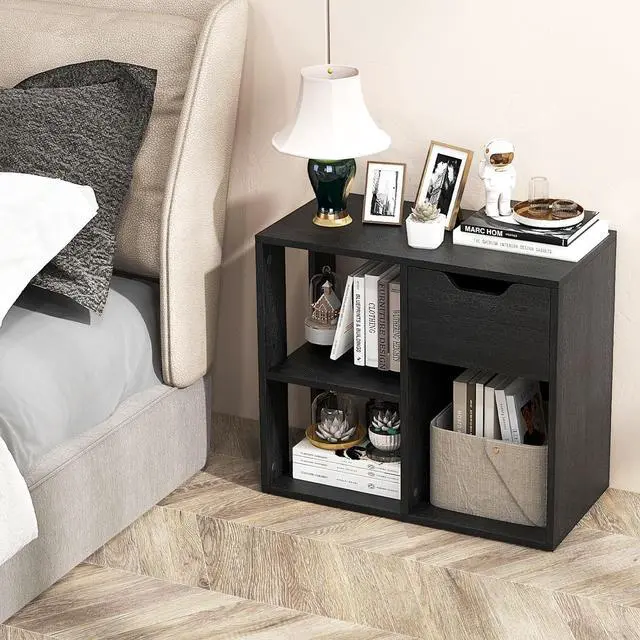 Alt view image 7 of 7 - Cube Bookcase, Small Bookshelf with Drawer, 2-Tier Open Shelves, Modern Display Shelf, 21" H Wooden Floor Toy Storage Organizer for Bedroom, Living Room, Playroom, Office (1, Black)