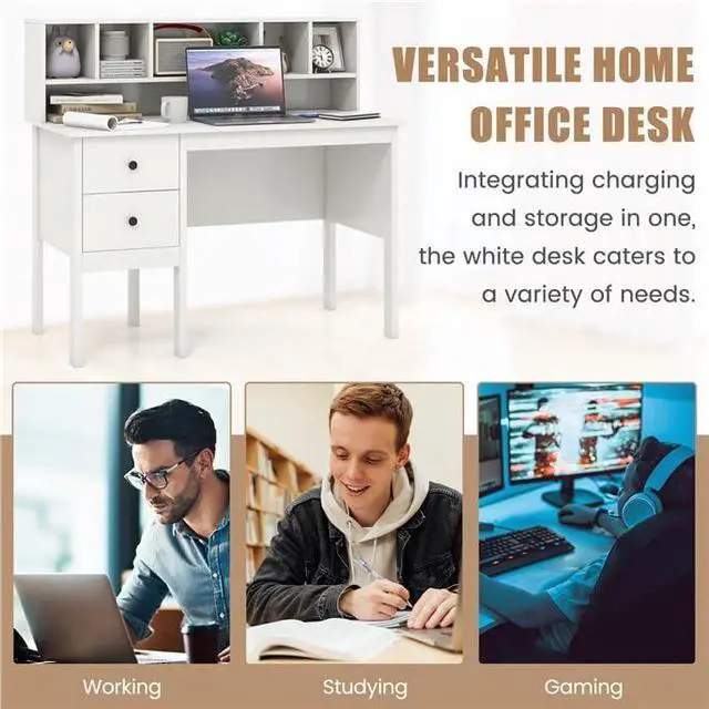 Alt view image 6 of 7 - Modern Home Office Desk with Hutch, Office Desk with USB Charging Ports and Power Outlets, Computer Desk with 5 Storage Cubbies and 2 Drawers, Writing Study Desk for Bedroom (White)