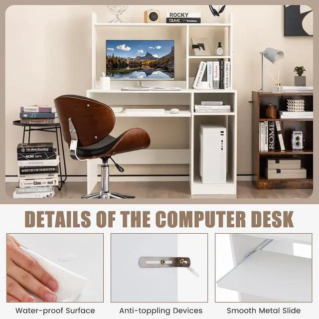 Alt view image 7 of 7 - White Modern Large Computer Desk with Storage Shelf, Office Desk with Hutch, CPU Stand & Keyboard Tray, Home PC Desk with Bookshelf, for Bedroom, Study, Living Room