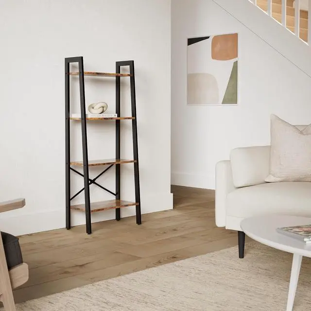 Alt view image 2 of 7 - Industrial Ladder Shelf 4-Tier Bookcase Plant Book Display Furniture Storage Rack Shelf for Living Room Home Office Bedroom (Rustic Brown)