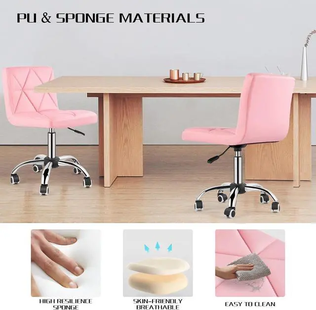 Alt view image 4 of 7 - Armless Desk Chair Set of 2, Low Back Swivel Office Chair, Adjustable Task Chair with Rolling Wheels and Diamond Pattern, for Home Computer Barber, 2-Pack, Pink
