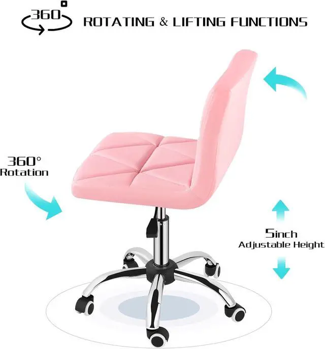 Alt view image 6 of 7 - Armless Desk Chair Set of 2, Low Back Swivel Office Chair, Adjustable Task Chair with Rolling Wheels and Diamond Pattern, for Home Computer Barber, 2-Pack, Pink