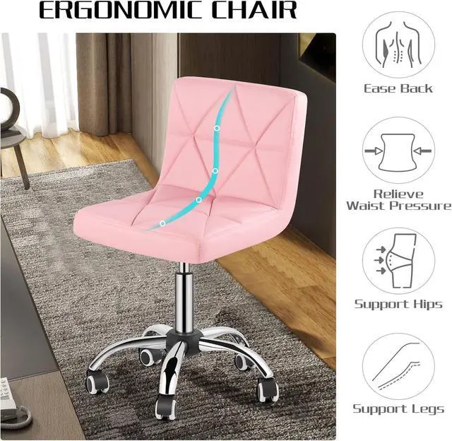 Alt view image 5 of 7 - Armless Desk Chair Set of 2, Low Back Swivel Office Chair, Adjustable Task Chair with Rolling Wheels and Diamond Pattern, for Home Computer Barber, 2-Pack, Pink