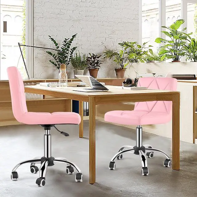 Alt view image 2 of 7 - Armless Desk Chair Set of 2, Low Back Swivel Office Chair, Adjustable Task Chair with Rolling Wheels and Diamond Pattern, for Home Computer Barber, 2-Pack, Pink