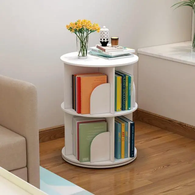 Alt view image 3 of 7 - Rotating Bookshelf, 2 Tier Rotating White Bookshelf 360 Degrees, Floor Standing Bookcase Storage Rack for Home Office Living Room Study Multi-Functional Bookshelf Organizer