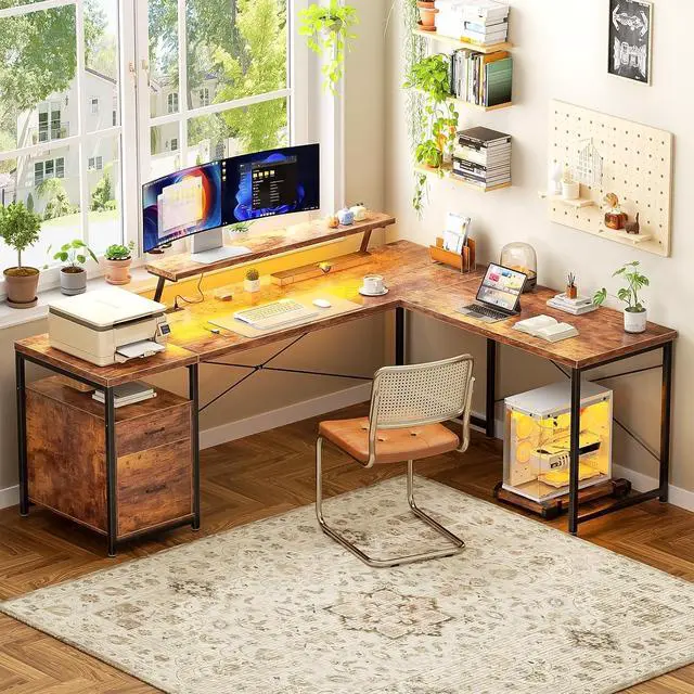 Alt view image 2 of 7 - 63 Inch L Shaped Desk with Power Outlets & LED Lights, Computer Corner Home Office Desk with File Drawer, Monitor Stand and Removable CPU Stand, Large Storage, Gaming, Writing, Rustic Brown