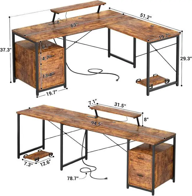 Alt view image 3 of 7 - 63 Inch L Shaped Desk with Power Outlets & LED Lights, Computer Corner Home Office Desk with File Drawer, Monitor Stand and Removable CPU Stand, Large Storage, Gaming, Writing, Rustic Brown