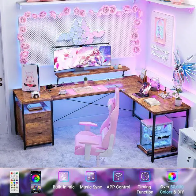 Alt view image 5 of 7 - 63 Inch L Shaped Desk with Power Outlets & LED Lights, Computer Corner Home Office Desk with File Drawer, Monitor Stand and Removable CPU Stand, Large Storage, Gaming, Writing, Rustic Brown