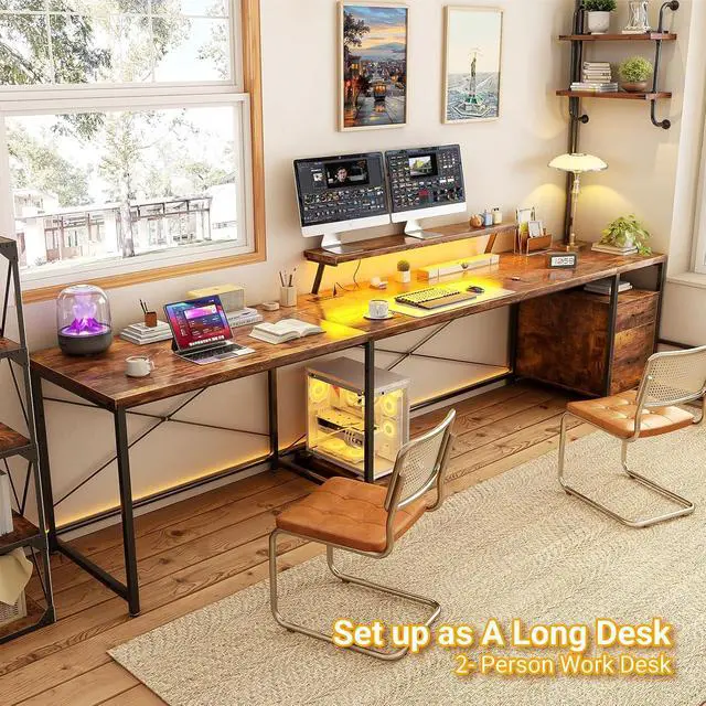 Alt view image 6 of 7 - 63 Inch L Shaped Desk with Power Outlets & LED Lights, Computer Corner Home Office Desk with File Drawer, Monitor Stand and Removable CPU Stand, Large Storage, Gaming, Writing, Rustic Brown