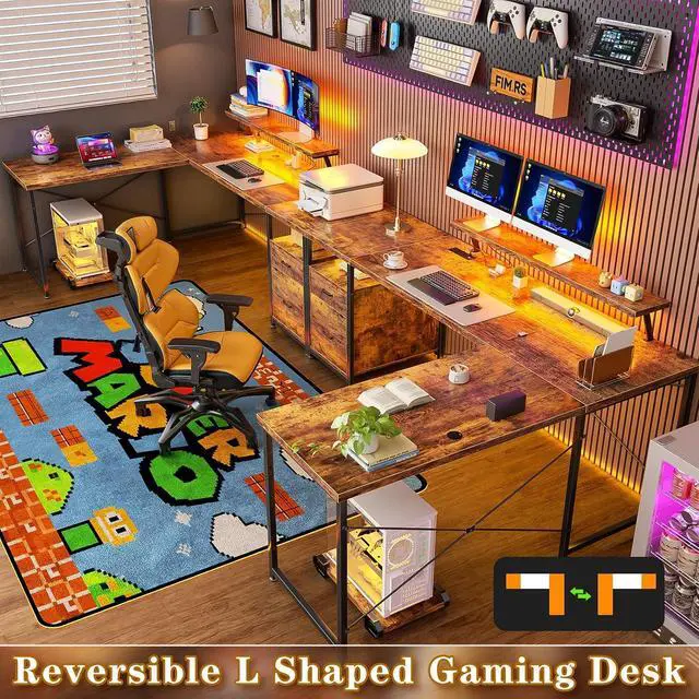Alt view image 7 of 7 - 63 Inch L Shaped Desk with Power Outlets & LED Lights, Computer Corner Home Office Desk with File Drawer, Monitor Stand and Removable CPU Stand, Large Storage, Gaming, Writing, Rustic Brown