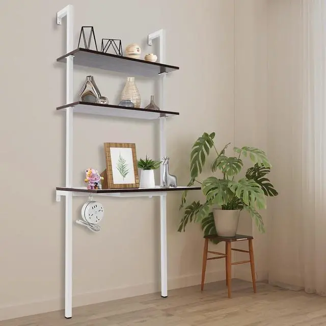 Alt view image 2 of 7 - Laptop Desk With Shelves, 2-Shelf Wall Mount With Power Strip, Modern Computer Writing Table for Work Platform, Ladder Design, Industrial Style (Brown, White, 30" x 20" x 72.5")