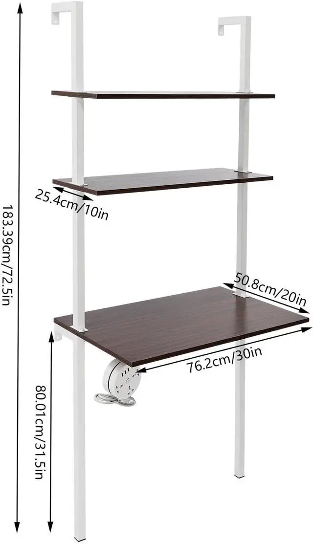 Alt view image 3 of 7 - Laptop Desk With Shelves, 2-Shelf Wall Mount With Power Strip, Modern Computer Writing Table for Work Platform, Ladder Design, Industrial Style (Brown, White, 30" x 20" x 72.5")