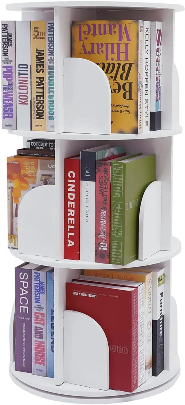 Main image of 3 Tier 360° Revolving PVC Bookcase,12 Compartments Stackable Bookshelf Organizer, Floor Standing Bookcase Storage Rack Display Cabinet for Office Home Living Room Study(White)