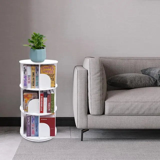 Alt view image 2 of 7 - 3 Tier 360° Revolving PVC Bookcase,12 Compartments Stackable Bookshelf Organizer, Floor Standing Bookcase Storage Rack Display Cabinet for Office Home Living Room Study(White)