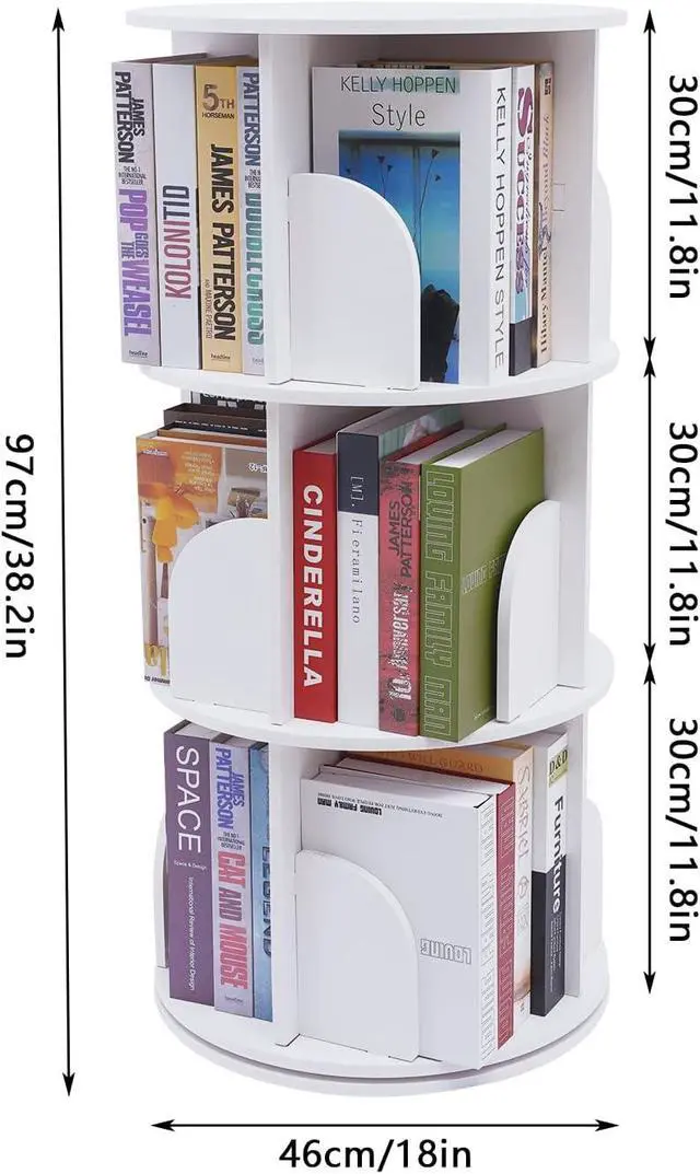 Alt view image 3 of 7 - 3 Tier 360° Revolving PVC Bookcase,12 Compartments Stackable Bookshelf Organizer, Floor Standing Bookcase Storage Rack Display Cabinet for Office Home Living Room Study(White)
