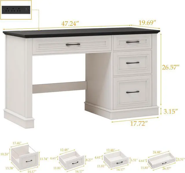 Alt view image 2 of 7 - Farmhouse 47" Executive Desk, Computer Desk with Drawers and File Drawer, Workstation Computer Desk with Charging Station for Home Office, Study,Black