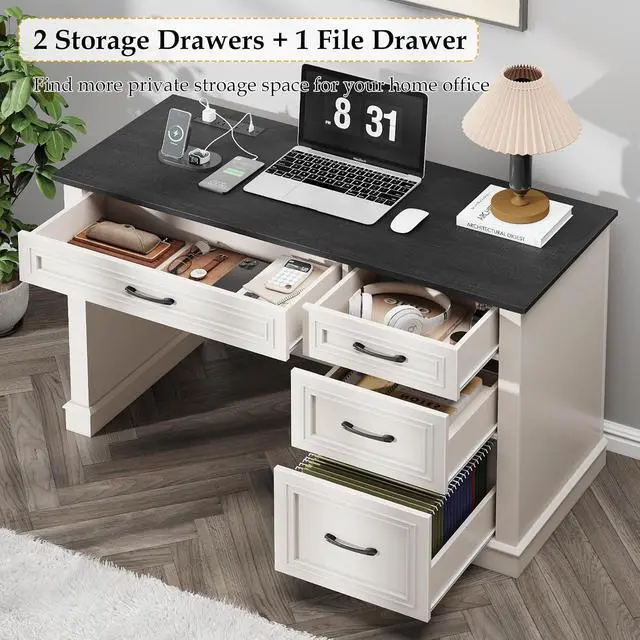 Alt view image 5 of 7 - Farmhouse 47" Executive Desk, Computer Desk with Drawers and File Drawer, Workstation Computer Desk with Charging Station for Home Office, Study,Black