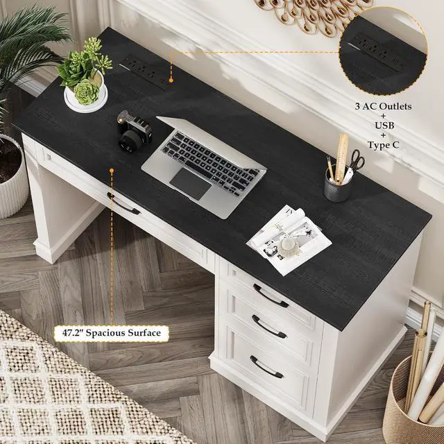 Alt view image 3 of 7 - Farmhouse 47" Executive Desk, Computer Desk with Drawers and File Drawer, Workstation Computer Desk with Charging Station for Home Office, Study,Black