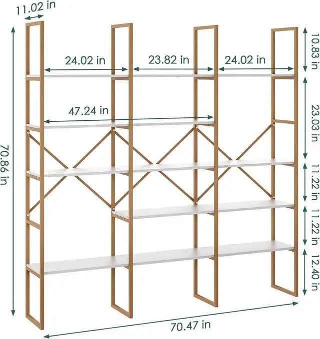 Alt view image 2 of 7 - Gold Bookshelf Geometric Bookcase, 71" Tall Gold Shelves 5 Tiers Etagere Book Case, Sturdy Iron Frame, Freestanding Display Shelving Unit for Home, Office, Library, White and Gold