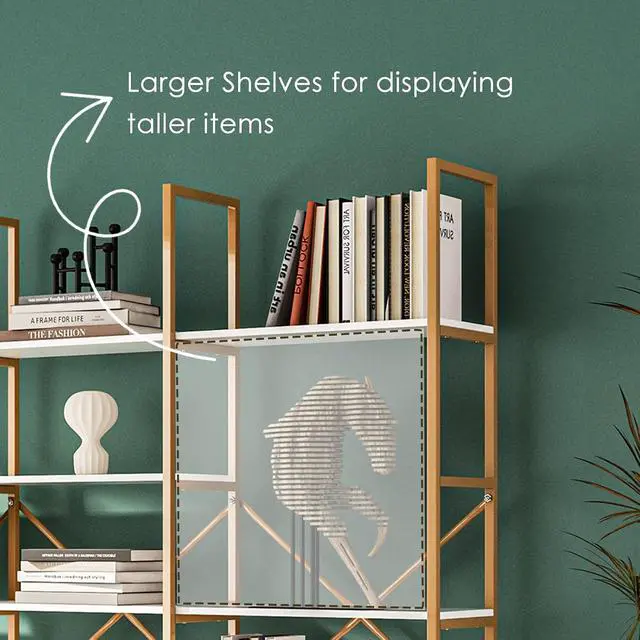 Alt view image 4 of 7 - Gold Bookshelf Geometric Bookcase, 71" Tall Gold Shelves 5 Tiers Etagere Book Case, Sturdy Iron Frame, Freestanding Display Shelving Unit for Home, Office, Library, White and Gold