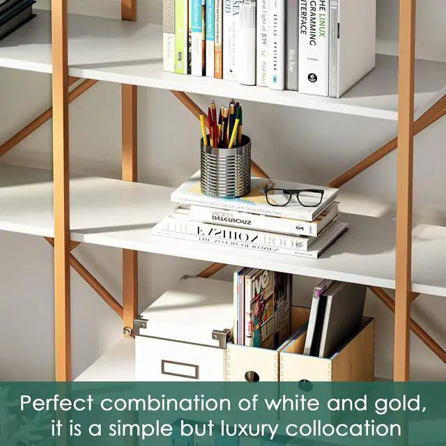 Alt view image 5 of 7 - Gold Bookshelf Geometric Bookcase, 71" Tall Gold Shelves 5 Tiers Etagere Book Case, Sturdy Iron Frame, Freestanding Display Shelving Unit for Home, Office, Library, White and Gold