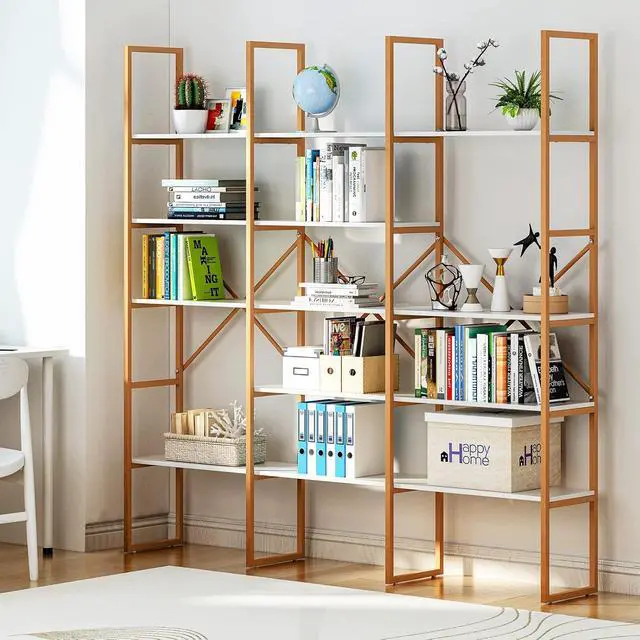 Alt view image 7 of 7 - Gold Bookshelf Geometric Bookcase, 71" Tall Gold Shelves 5 Tiers Etagere Book Case, Sturdy Iron Frame, Freestanding Display Shelving Unit for Home, Office, Library, White and Gold