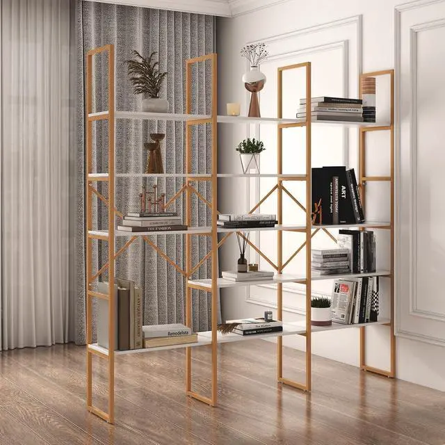 Alt view image 6 of 7 - Gold Bookshelf Geometric Bookcase, 71" Tall Gold Shelves 5 Tiers Etagere Book Case, Sturdy Iron Frame, Freestanding Display Shelving Unit for Home, Office, Library, White and Gold