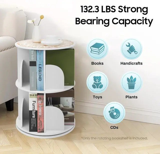Alt view image 4 of 7 - 2 Tier Rotating Bookshelf, 360 Degree Floor Standing Bookshelf, Freestanding Storage Shelf Display Shelf, Round Rotating bookshelves, Multi-functional Booksshelf Organizer for Bedroom, Living Room