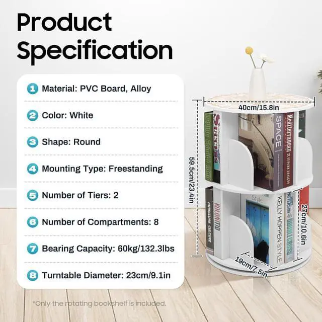 Alt view image 7 of 7 - 2 Tier Rotating Bookshelf, 360 Degree Floor Standing Bookshelf, Freestanding Storage Shelf Display Shelf, Round Rotating bookshelves, Multi-functional Booksshelf Organizer for Bedroom, Living Room