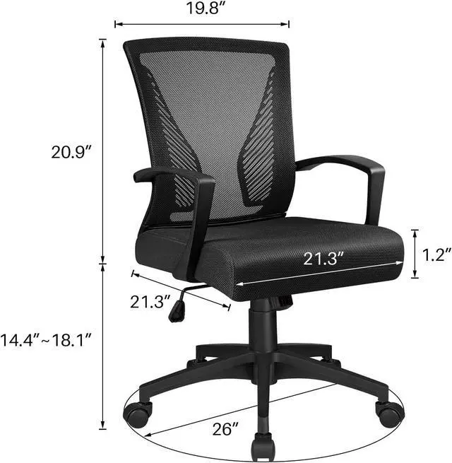 Alt view image 3 of 7 - Ergonomic Office Mid Back Mesh Chair Swivel Desk Chair Lumbar Support Computer Chair with Armrest (Black)