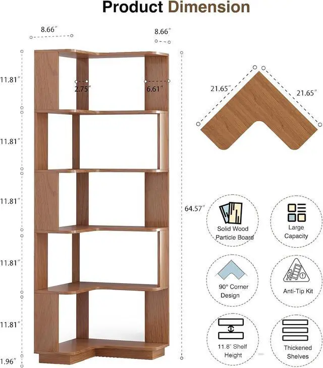 Alt view image 2 of 6 - 6 Tier L-Shaped Corner Bookshelf, Tall Corner Shelf for Small Spaces, Free Standing Wooden Corner Bookcase, 21.6" Open Display Narrow Storage Shelf Organizer for Living Room, Bedroom, Office