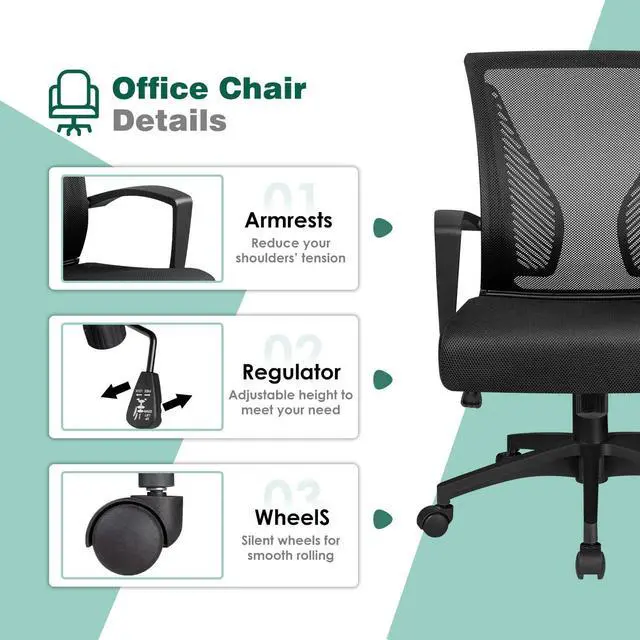 Alt view image 6 of 7 - Ergonomic Office Mid Back Mesh Chair Swivel Desk Chair Lumbar Support Computer Chair with Armrest (Black)