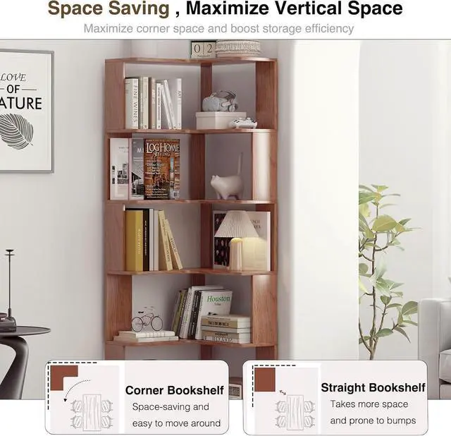 Alt view image 3 of 6 - 6 Tier L-Shaped Corner Bookshelf, Tall Corner Shelf for Small Spaces, Free Standing Wooden Corner Bookcase, 21.6" Open Display Narrow Storage Shelf Organizer for Living Room, Bedroom, Office