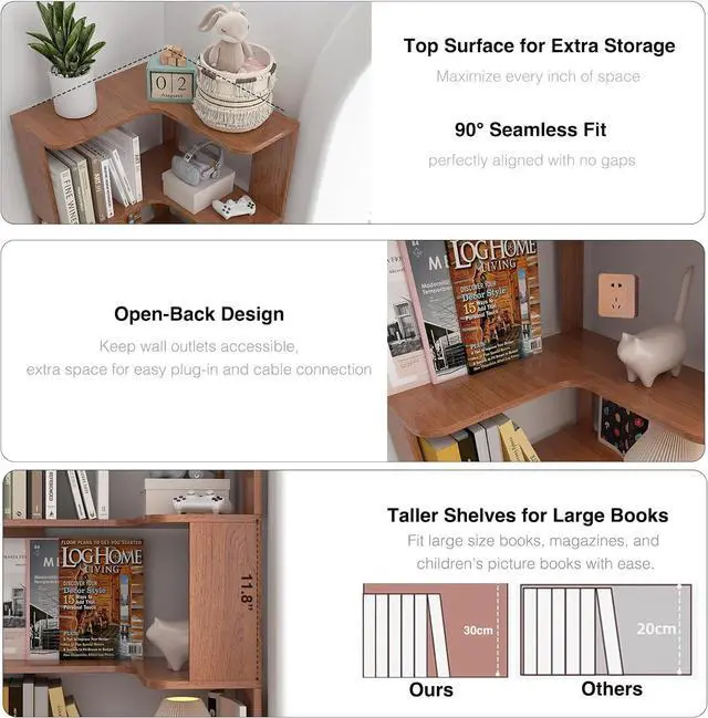 Alt view image 4 of 6 - 6 Tier L-Shaped Corner Bookshelf, Tall Corner Shelf for Small Spaces, Free Standing Wooden Corner Bookcase, 21.6" Open Display Narrow Storage Shelf Organizer for Living Room, Bedroom, Office