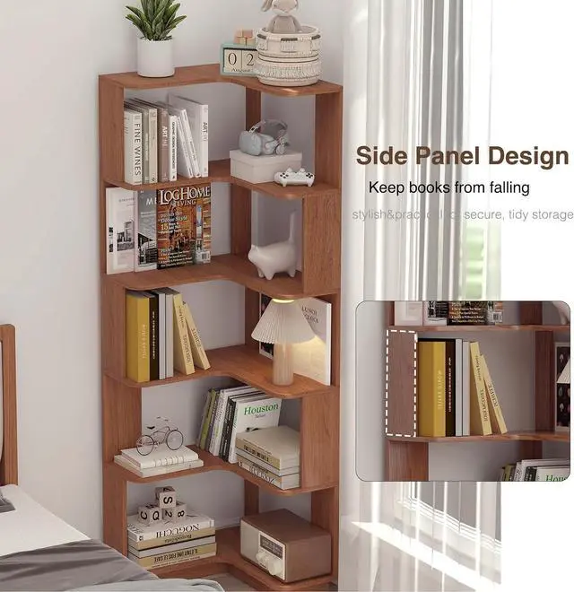Alt view image 5 of 6 - 6 Tier L-Shaped Corner Bookshelf, Tall Corner Shelf for Small Spaces, Free Standing Wooden Corner Bookcase, 21.6" Open Display Narrow Storage Shelf Organizer for Living Room, Bedroom, Office