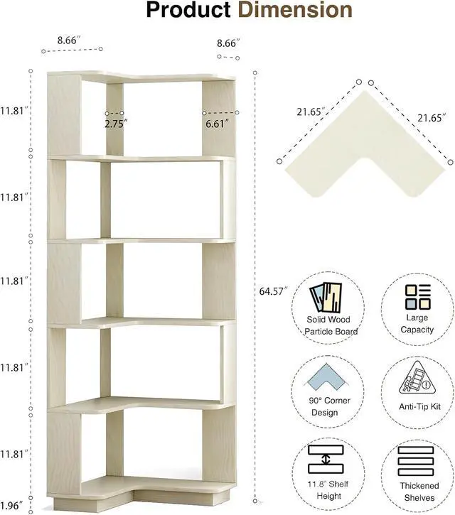 Alt view image 2 of 6 - 6 Tier L-Shaped Corner Bookshelf, Tall Corner Shelf for Small Spaces, Free Standing Wooden Corner Bookcase, 21.6" Open Display Narrow Storage Shelf Organizer for Living Room, Bedroom, Office