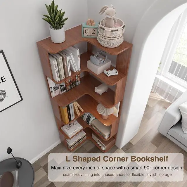 Alt view image 6 of 6 - 6 Tier L-Shaped Corner Bookshelf, Tall Corner Shelf for Small Spaces, Free Standing Wooden Corner Bookcase, 21.6" Open Display Narrow Storage Shelf Organizer for Living Room, Bedroom, Office