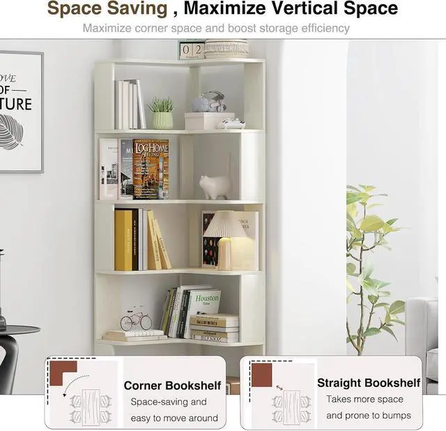 Alt view image 3 of 6 - 6 Tier L-Shaped Corner Bookshelf, Tall Corner Shelf for Small Spaces, Free Standing Wooden Corner Bookcase, 21.6" Open Display Narrow Storage Shelf Organizer for Living Room, Bedroom, Office