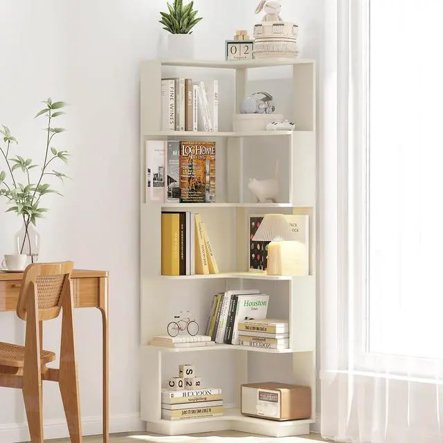 Main image of 6 Tier L-Shaped Corner Bookshelf, Tall Corner Shelf for Small Spaces, Free Standing Wooden Corner Bookcase, 21.6" Open Display Narrow Storage Shelf Organizer for Living Room, Bedroom, Office