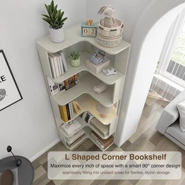 Alt view image 6 of 6 - 6 Tier L-Shaped Corner Bookshelf, Tall Corner Shelf for Small Spaces, Free Standing Wooden Corner Bookcase, 21.6" Open Display Narrow Storage Shelf Organizer for Living Room, Bedroom, Office