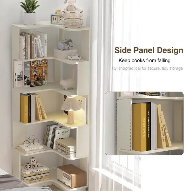 Alt view image 5 of 6 - 6 Tier L-Shaped Corner Bookshelf, Tall Corner Shelf for Small Spaces, Free Standing Wooden Corner Bookcase, 21.6" Open Display Narrow Storage Shelf Organizer for Living Room, Bedroom, Office
